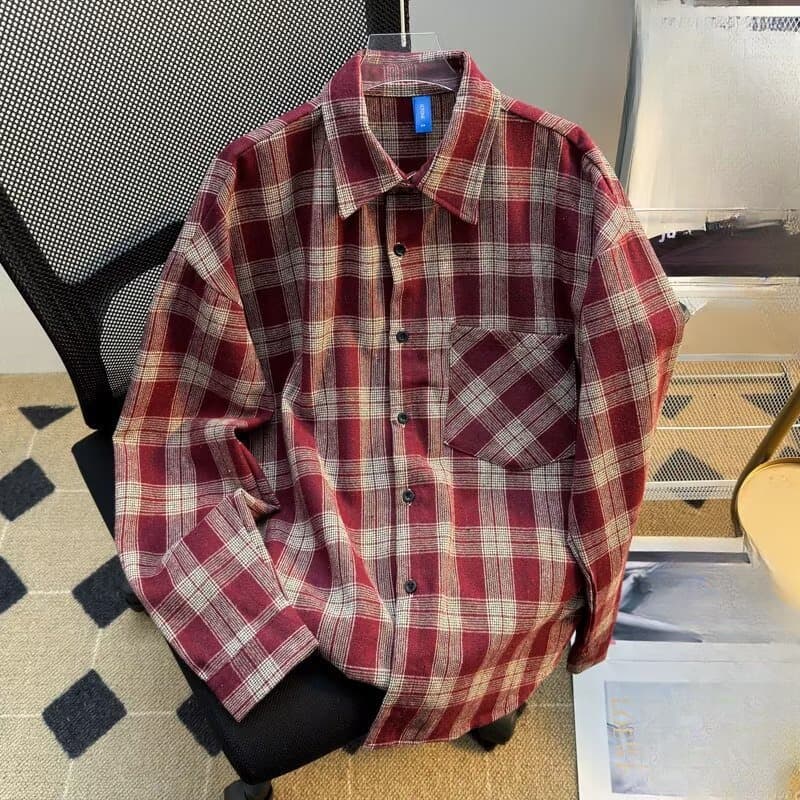 Men's Clothing Oversized Checkered Long Sleeve Shirt - Trendy Casual Button-Up For Teens & Young Adults Breathable Polyester Blend, Relaxed Fit