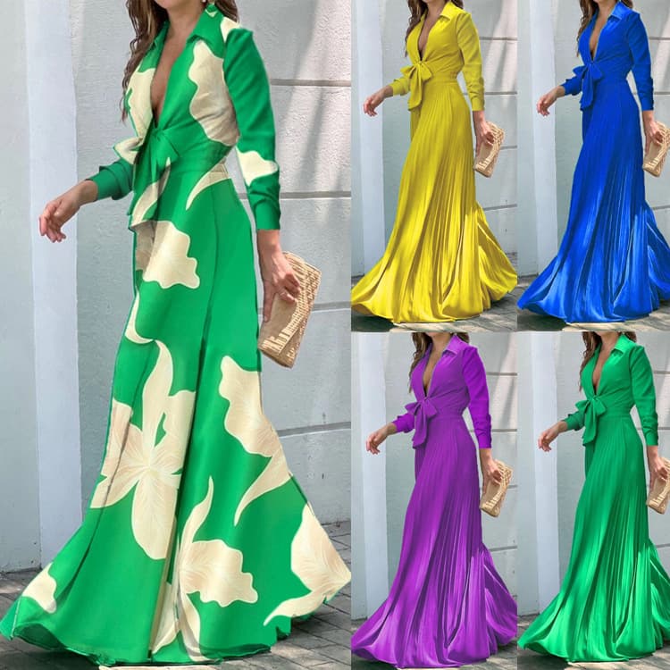 Women's V-neck long sleeve lapel print wide-leg dress