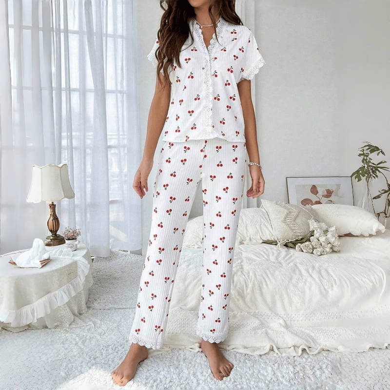 Women's Clothing Home Clothes Cherry Print Short Sleeved Lapel Pajamas Long Pants Two Piece Suit