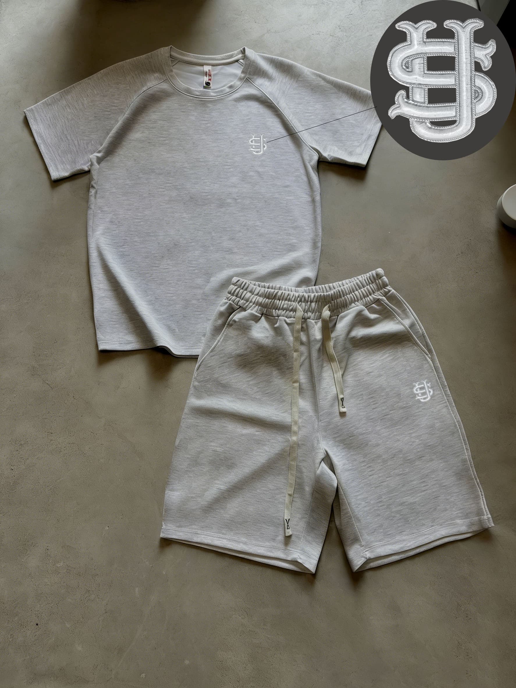 Men's Heavyweight Sportswear Set US-Inspired Casual T-Shirt & Shorts With Embroidered Logo Black Beige Short Sleeve Square Neck