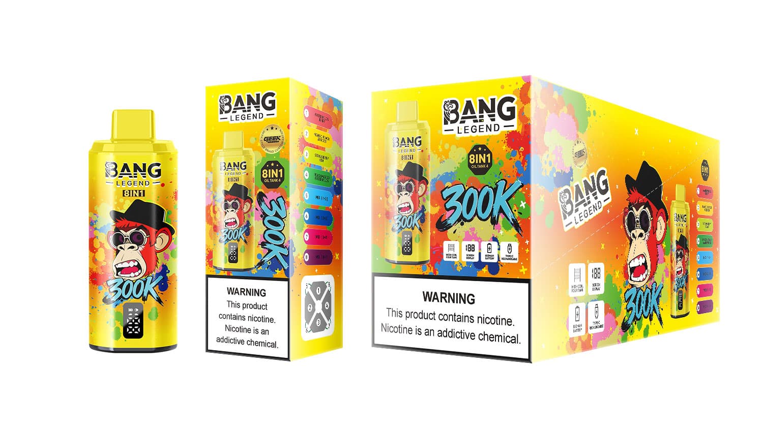 Bang Legend 300K 8 en 1 Vape jetable à huile de chicha, réservoir, 4 grands écrans numériques de comptage des bouffées, charge rapide USB-C, bat