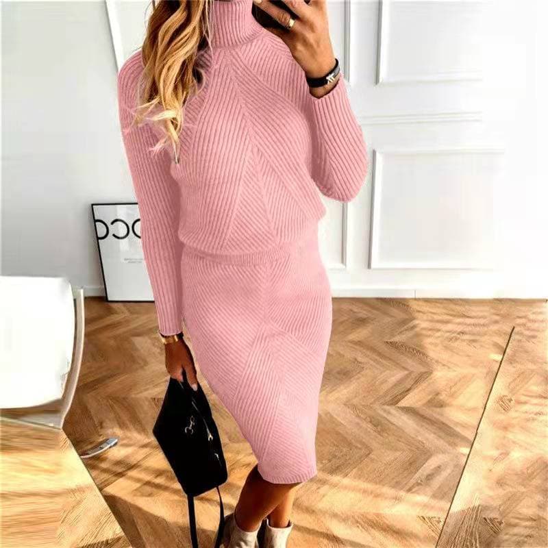 Women's Fashion Turtleneck Knit Solid Color Pullover Set Skirt