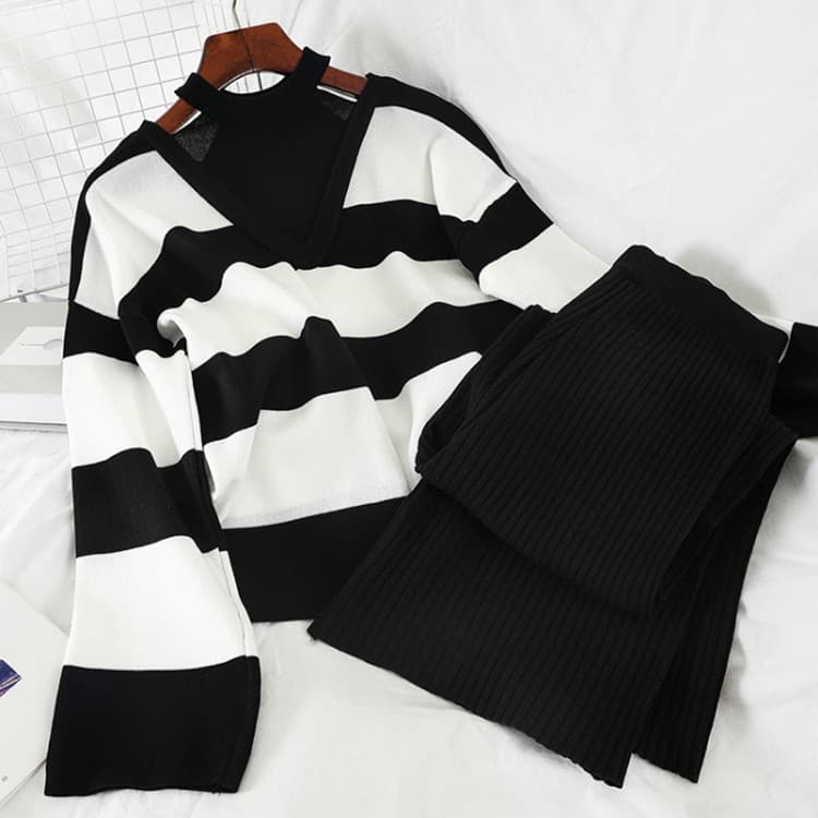 Women's sexy sweater straight slimming wide-leg trousers two-piece temperament suit for women