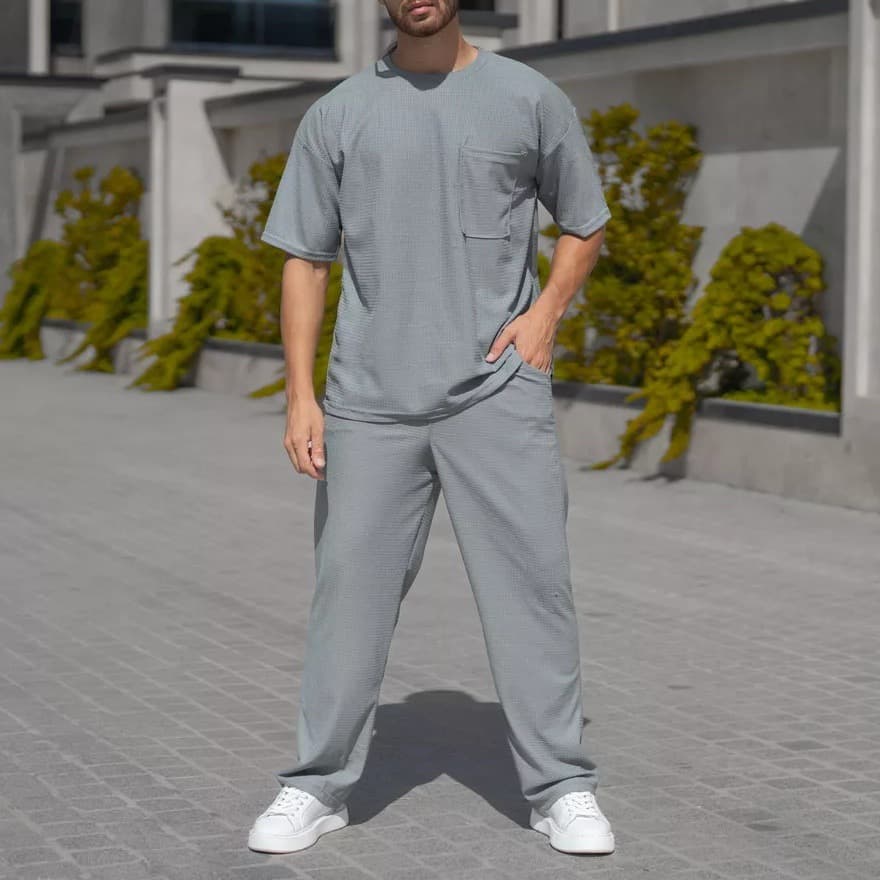 ​​"Men's Waffle Knit Short Sleeve Set – Breathable Loose Fit Crew Neck T-Shirt & Casual Pants (Black/Grey/Khaki/Green, Sizes S-XXXL)"​​