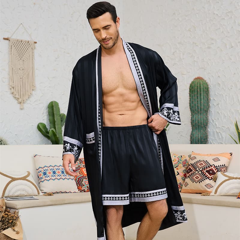 Men's Clothing Baroque Style Satin Robe Shorts Suit Nightgown