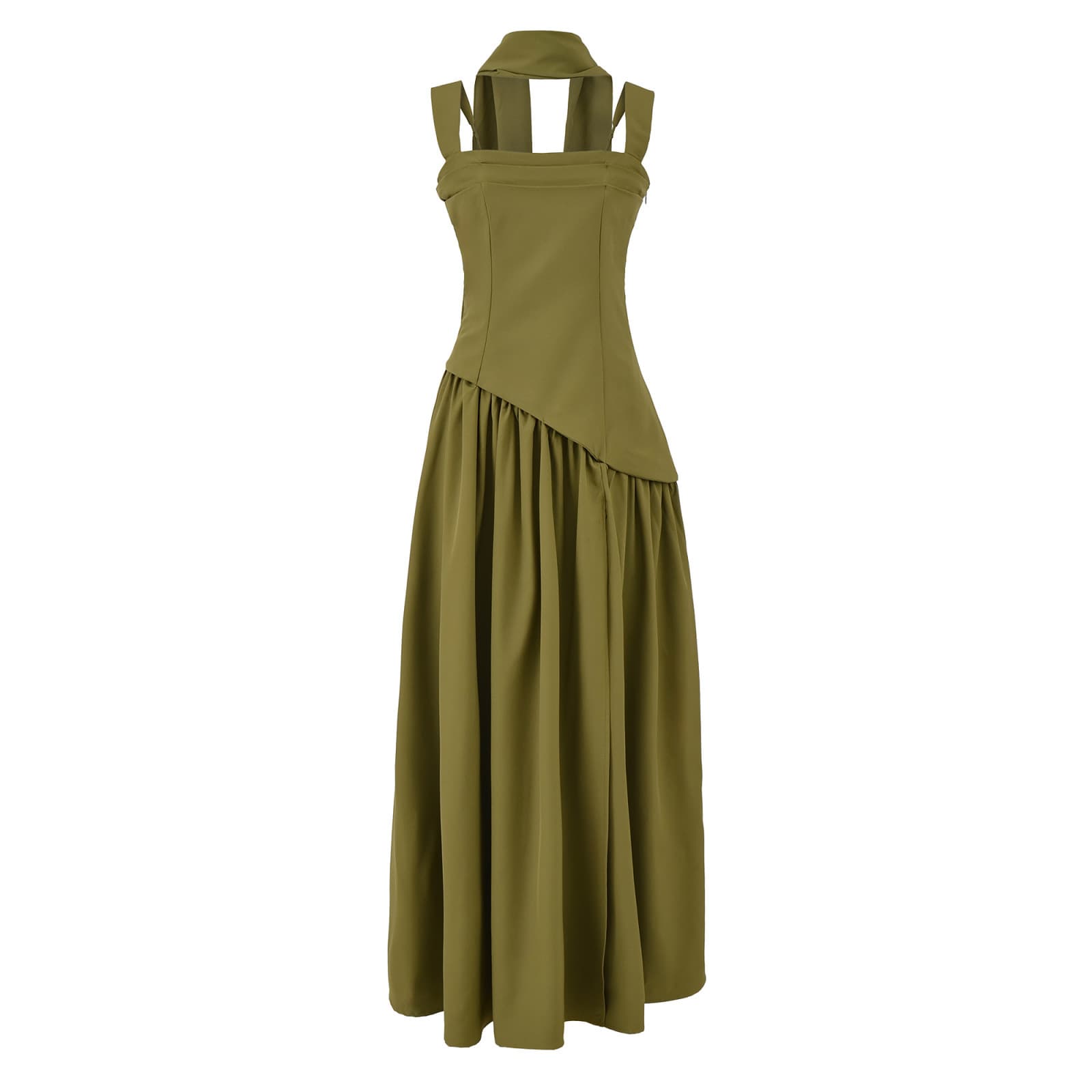 Elegant High-Slit Wrap Neck Halter Dress Classic Staple in Black And Army Green Stretchy Polyester S M L