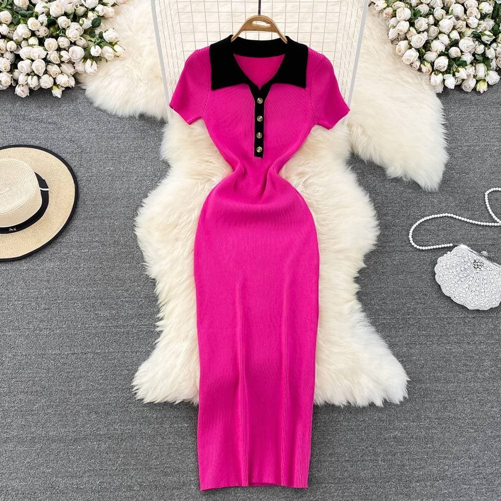Women's Clothing Contrasting Color Polo Collar Dress Summer Women's Chic And Stunning Knitted Hip Hugging Long Skirt
