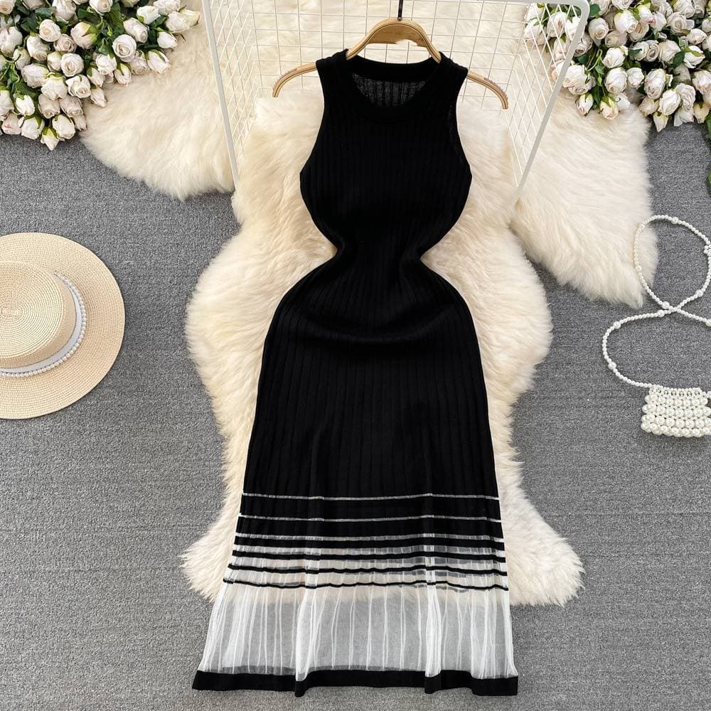 Women's Clothing Summer High End Celebrity Temperament Round Neck Waist Slimming A Line Mesh Splicing Knitted Vest Dress
