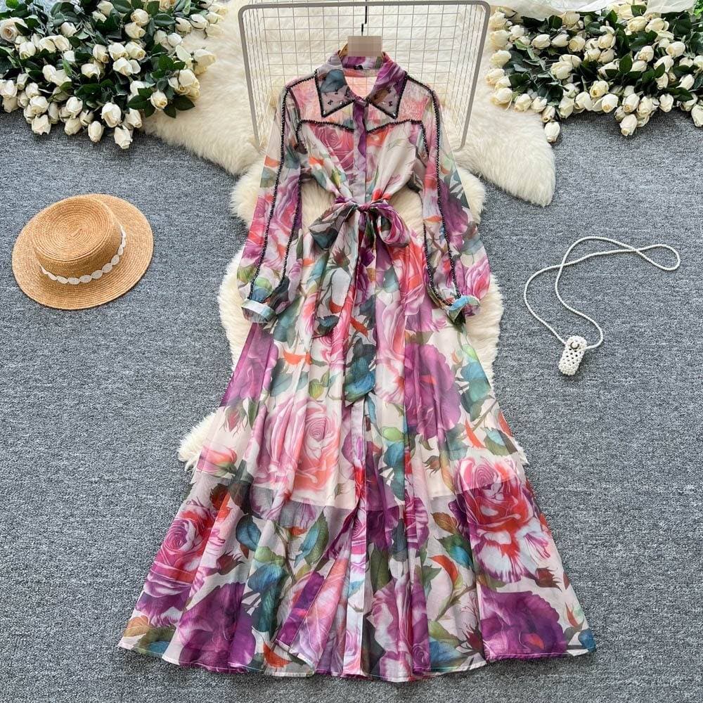 Women's French Style Long Dress Beaded Lapel Printed Design Autumn Tie Waist Single Breasted Heavy Duty Skirt