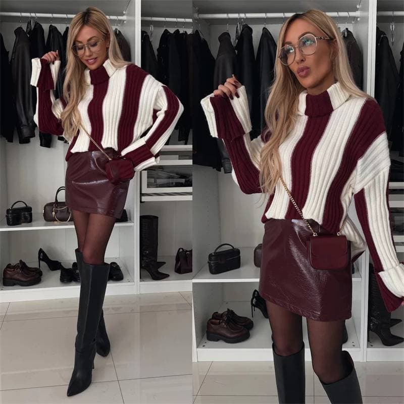 Casual and fashionable slim-fit pullover turtleneck mid-length long-sleeved striped sweater