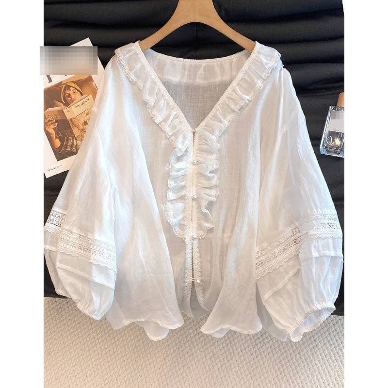 Women's V-Neck Blouse With Lace Trim & Pintuck Details – Breathable Linen-Look Polyester Top For Office & Casual Wear (White, Relaxed Fit)