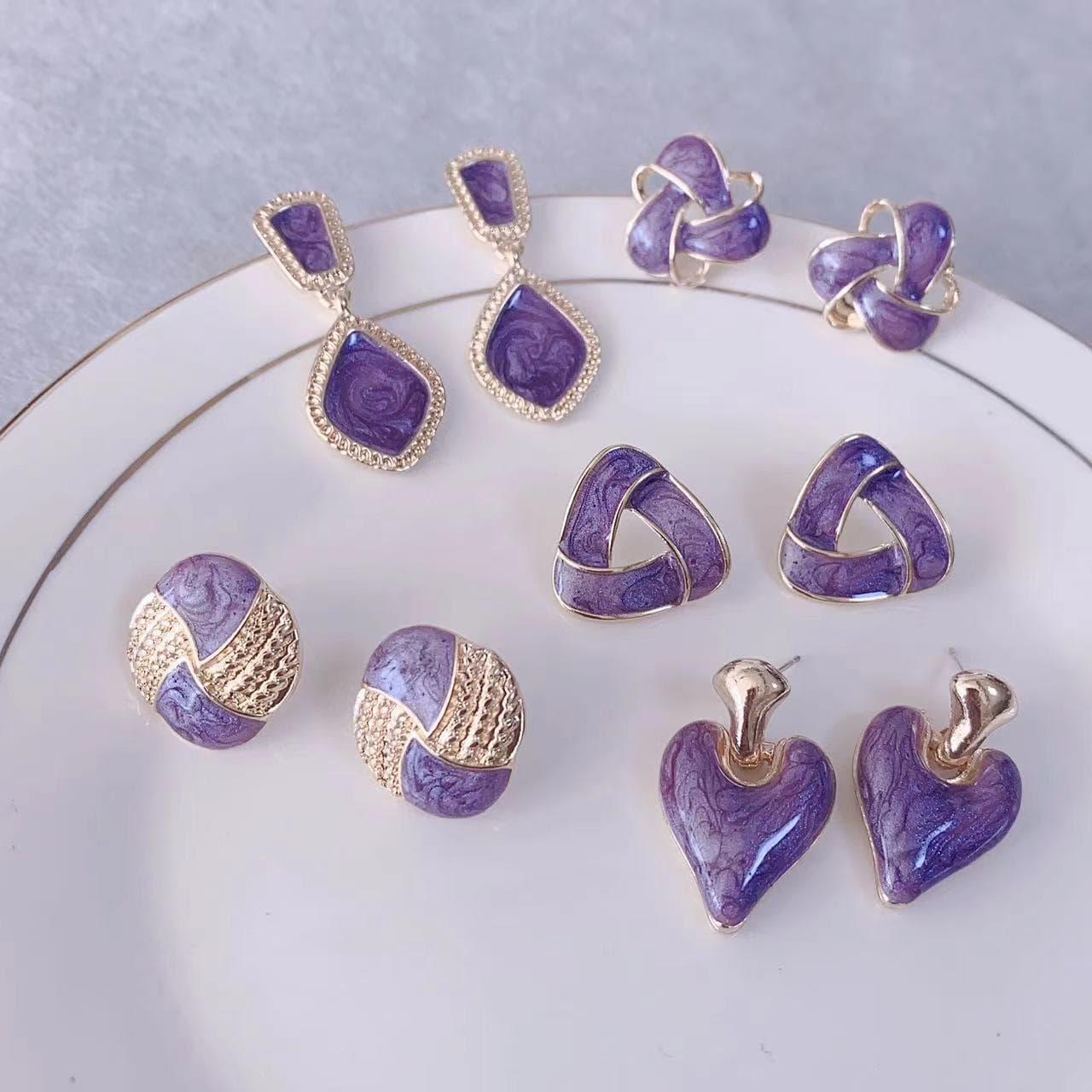 S Silver Needle French Purple Oil Drop Heart Sweet Light Luxury Socialite Circle Earrings Alloy Ear Jewelry
