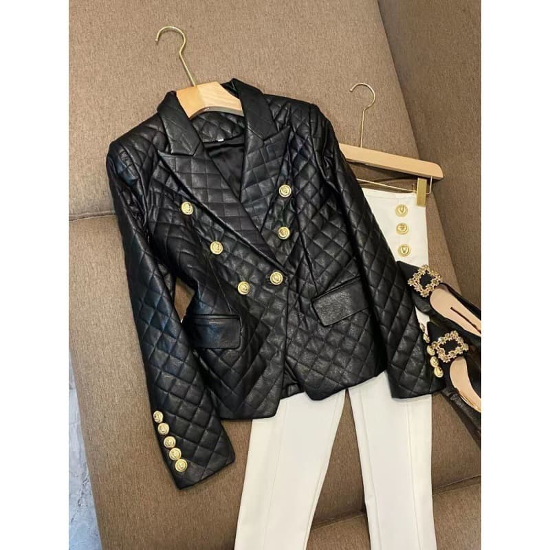 Women's Clothing Black short shoulder pads small casual suit leather jacket suit jacket female pu leather jacket female jacket