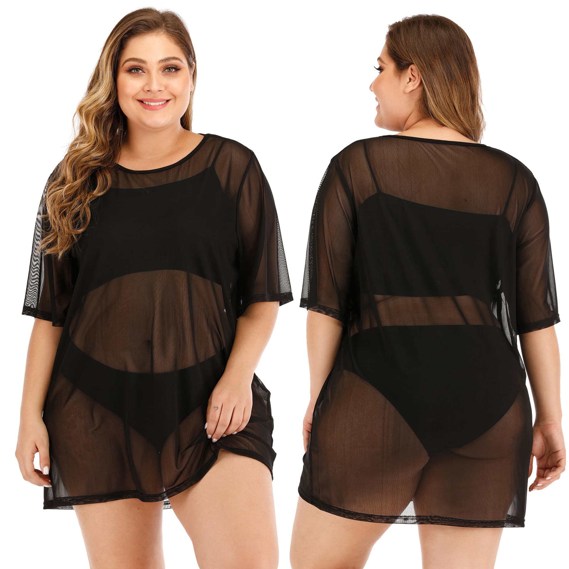 Plus Size Women's Sexy See-through Mesh Beach Skirt Bikini Blouse Dress