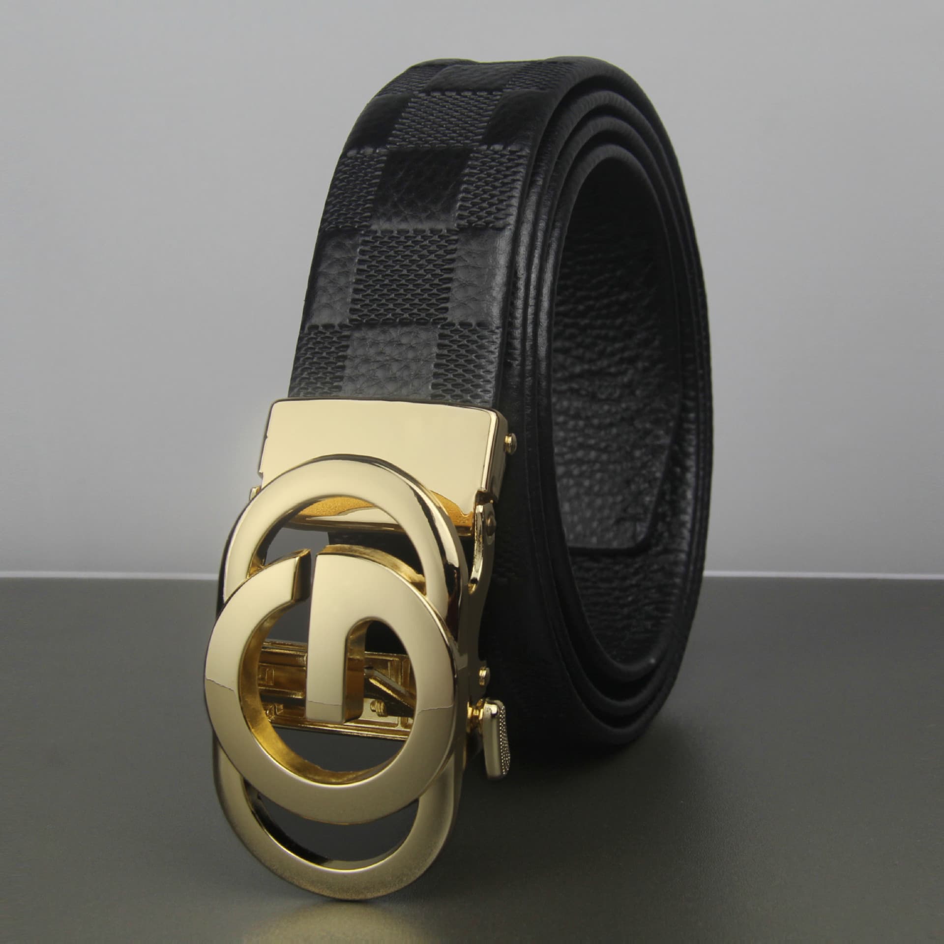 New Foreign Trade Hot Selling Belt For Men's Head Layer Automatic Letter G-button Checkered Lychee Pattern Cowhide Pants Belt