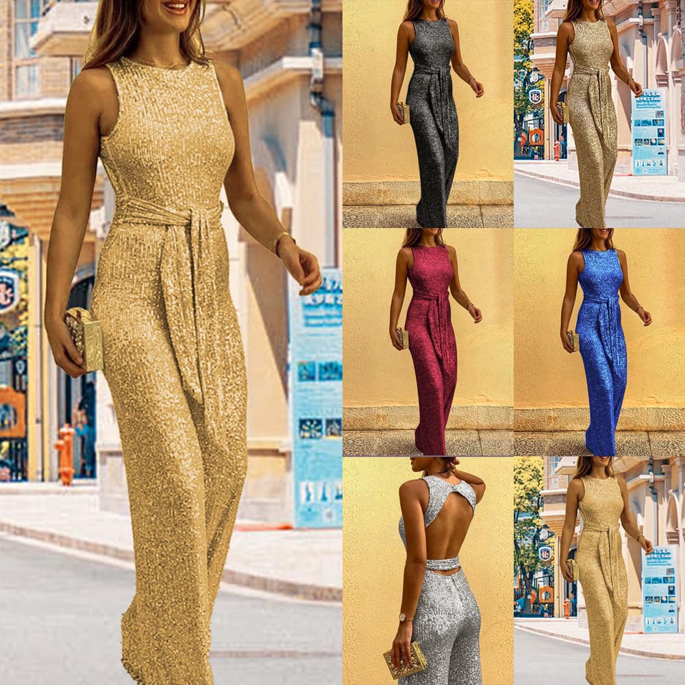 Women's jumpsuit round neck sleeveless personalized sequin silver dot women's clothing