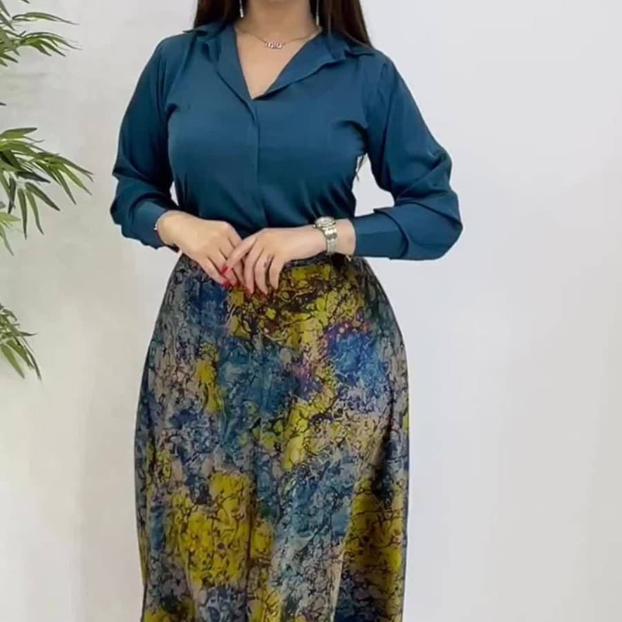 Women's new satin solid color shirt digital printed skirt fashion suit