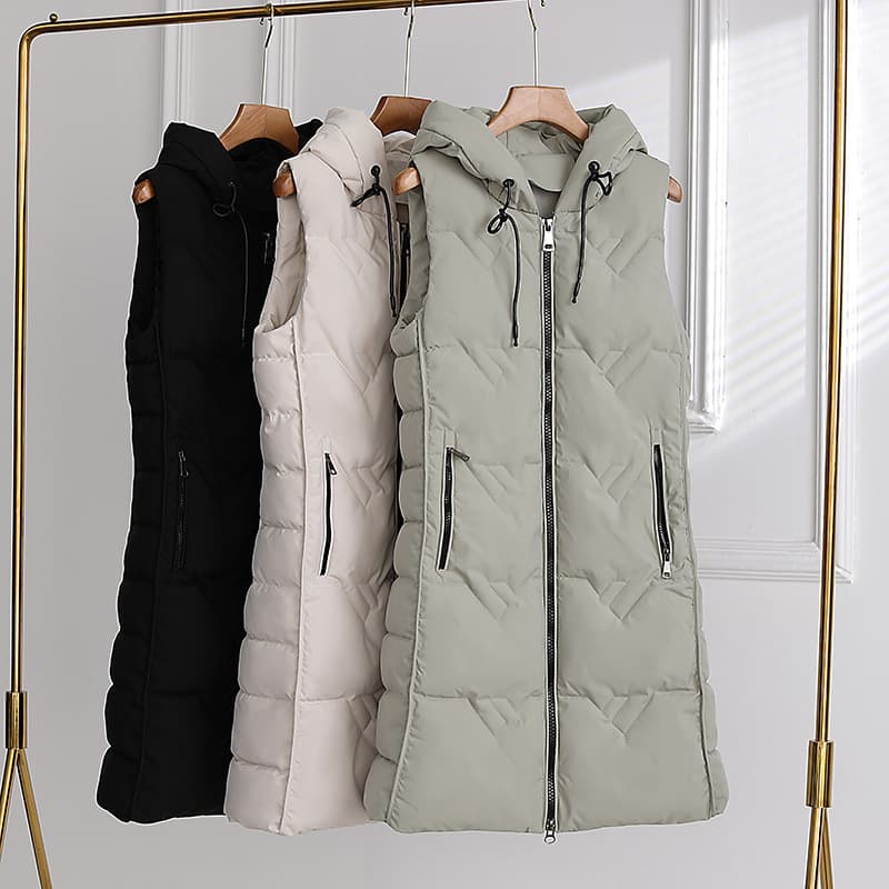 Women's Clothing Vest Solid Color Loose Long Hooded Vest Waistcoat Down Cotton Vest Jacket