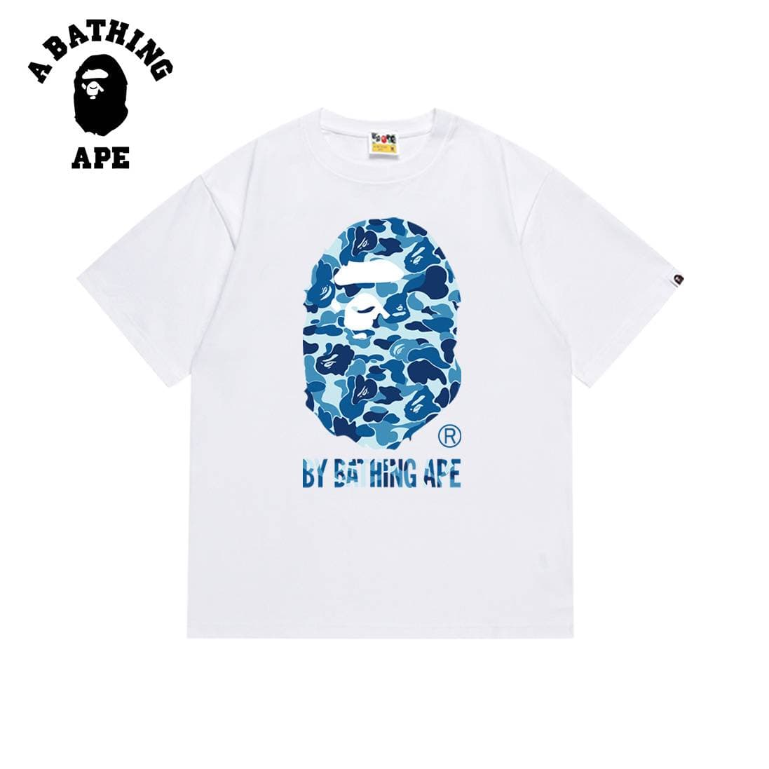 A BATHING APE BAPE-Simpl Navy Blue Ape Head Men's Short Sleeved T-shirt With Letter Printed Pattern