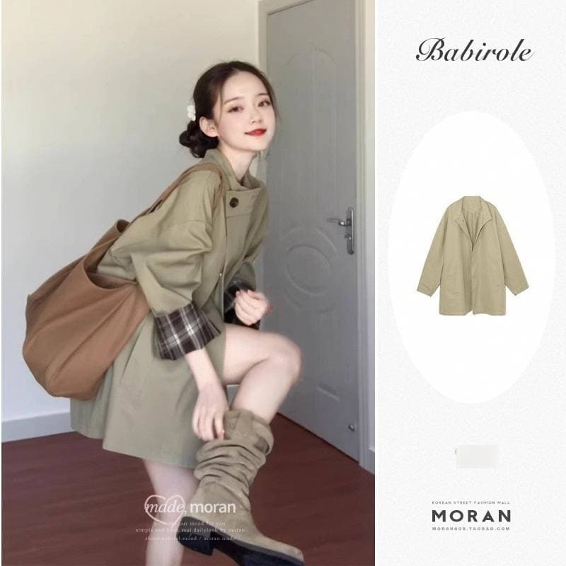 Checked Trench Coat For Women – Oversized Relaxed Fit With Contrast Trim (Khaki Green, S/M/L/Xl) Fashion Trends