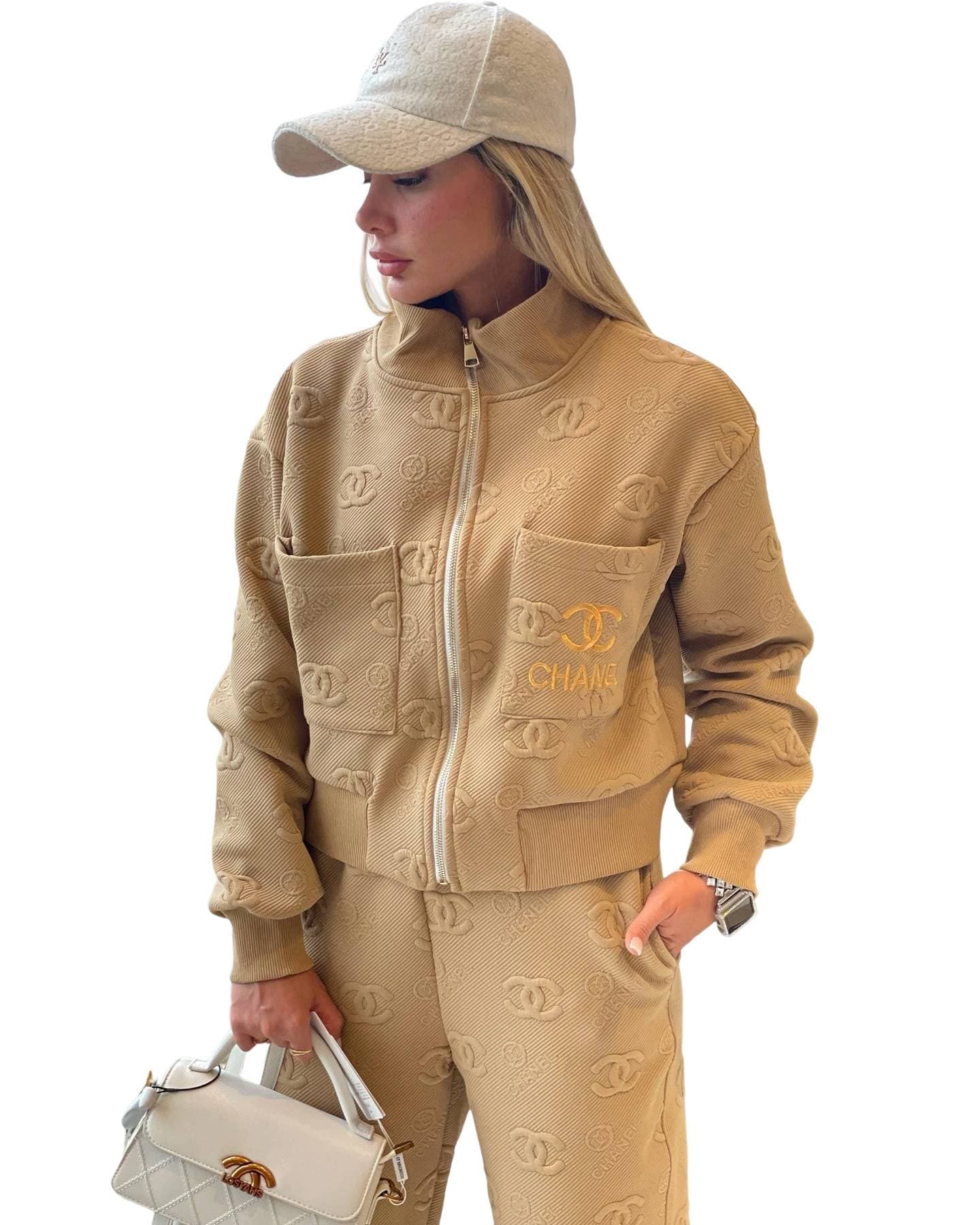 Ensemble de survêtement décontracté pour femme : veste zippée, pantalon de jogging, veste courte à col montant en tissu gaufré et bas de pantal