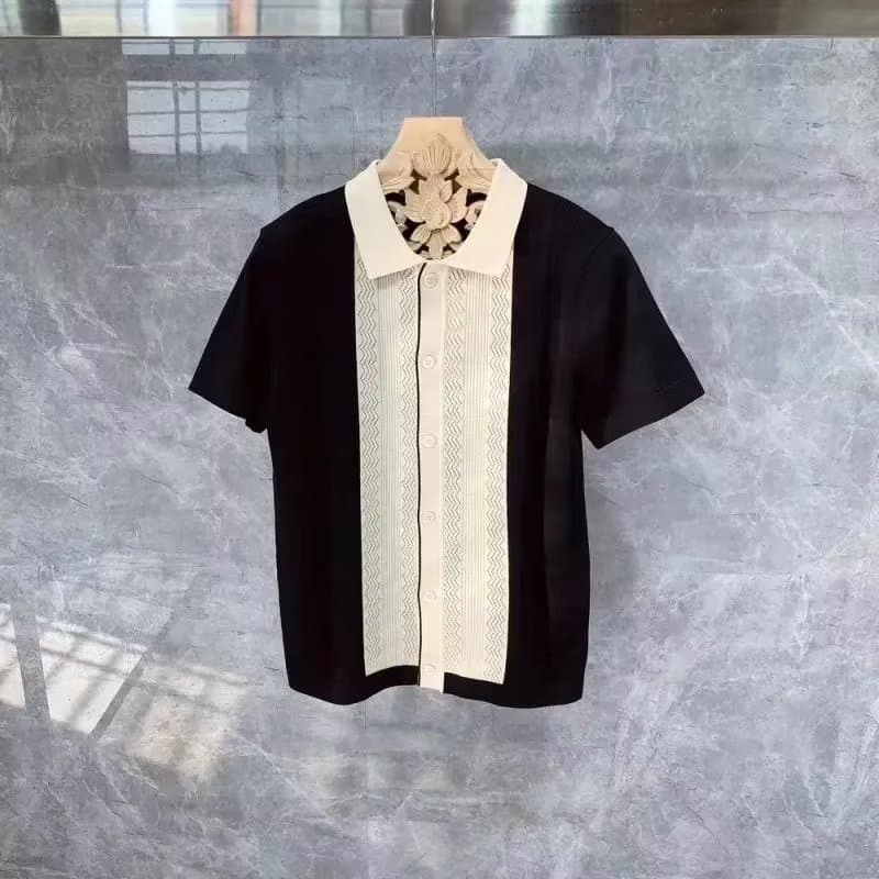 Men's Clothing Summer cardigan knitted polo shirt style slim fashion trend contrast color hollow ice silk breathable short sleeved T shirt for men