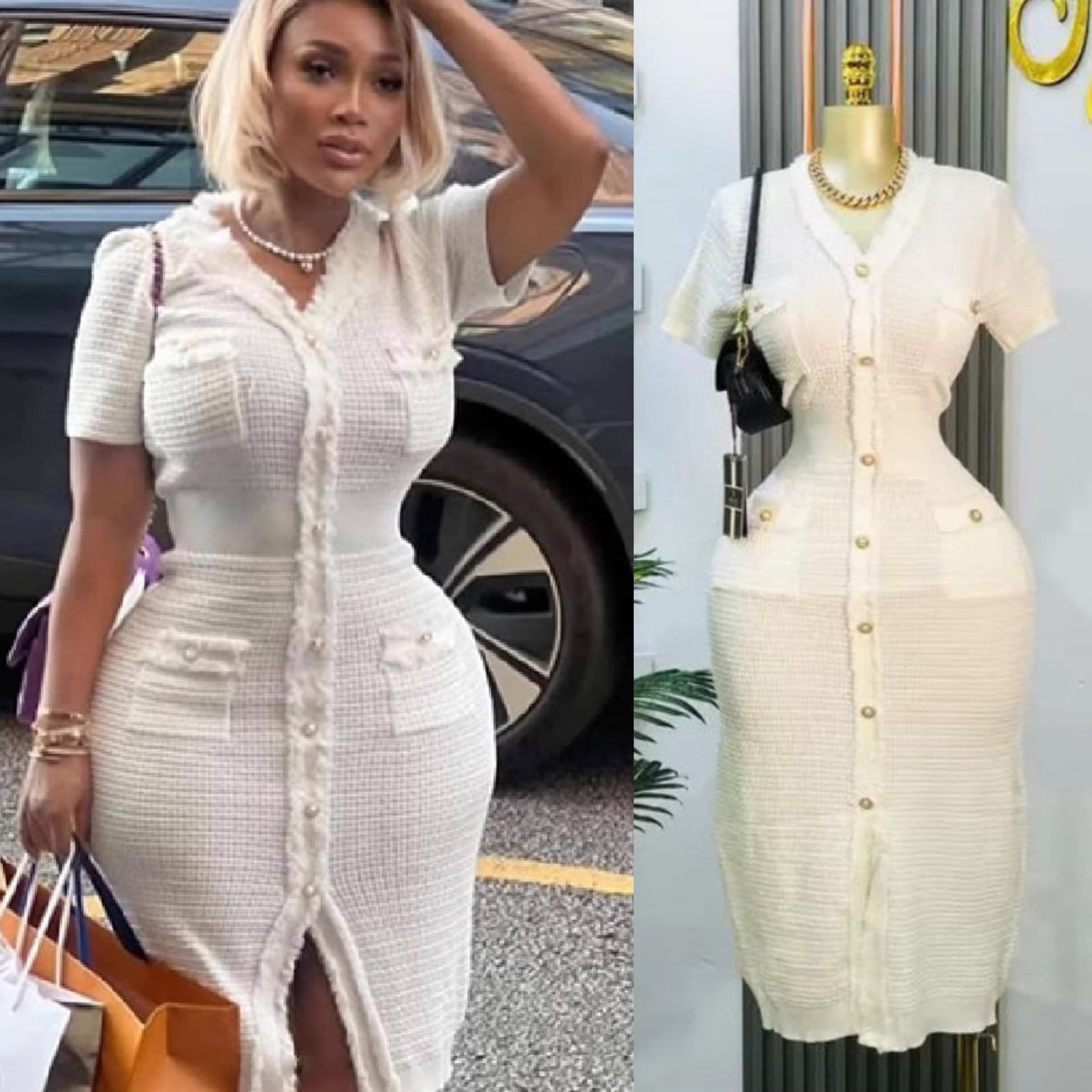 Elegant Temperament V Neck Tassel Knitted Dress Short Sleeved Slim Fit Style For Women