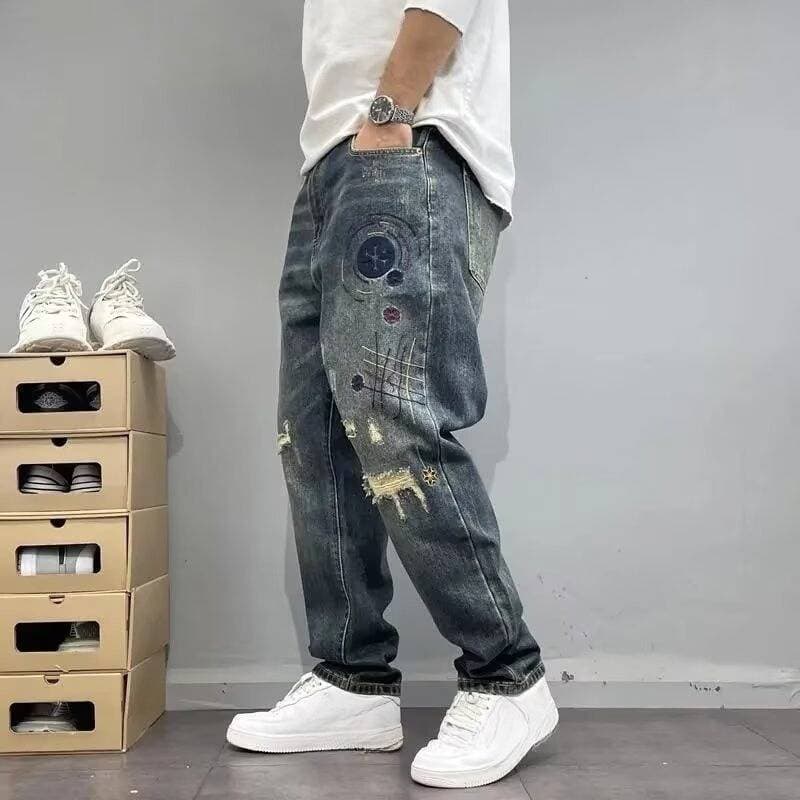 Spring Autumn 2027 Fashion Hip-Hop Straight Type Ripped Patch Embroidery Jeans Retro Distressed Harem Tapered Washed Boken Hole Cowboy Pants