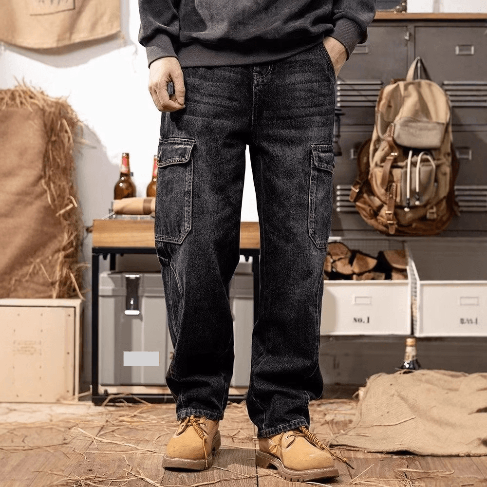 ​Men's Multi-Pocket Work Jeans - Durable Carpenter Pants For Construction, Welding & Heavy Duty Jobs - Relaxed Fit Stretch Denim With Utility Pockets