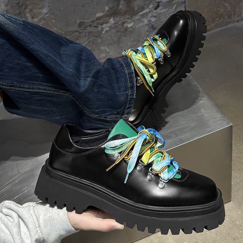 Colorful Lace Casual Men's Derby Shoes, Low Cut Workwear Shoes, Thick Soled Height Increasing British Style Men's Shoes