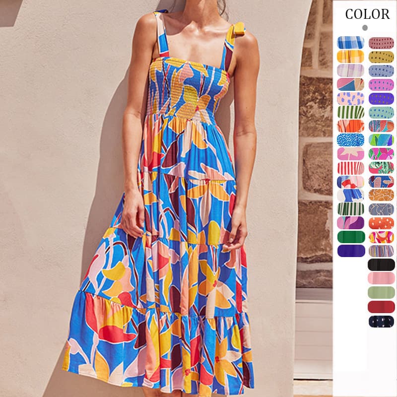European And American Summer Women's Clothing New Commuting Sleeveless Hot Girl Print Long Suspender Dress For Women
