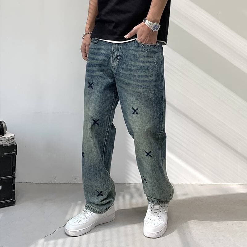Men's Clothing Heavy Embroidery Straight Pants Washed Jeans Men's High Street Fashion Retro Loose Casual Mopping Trousers