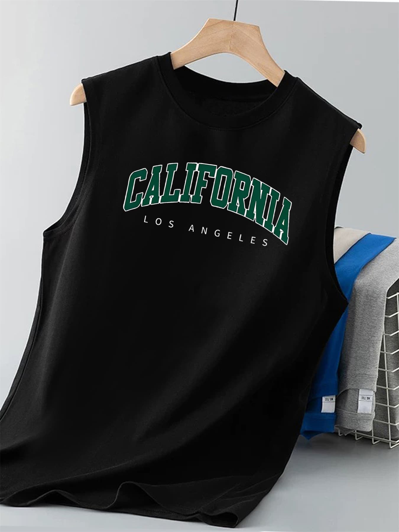 100% Pure Cotton Men's Summer Casual Sports Fitness Loose California Pattern Printed Breathable Round Neck Sleeveless Vest