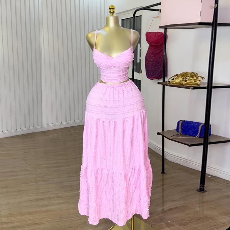 Women's Clothing Summer New Style Temperament V Neck Suspender Top High Waist Skirt Casual Suit