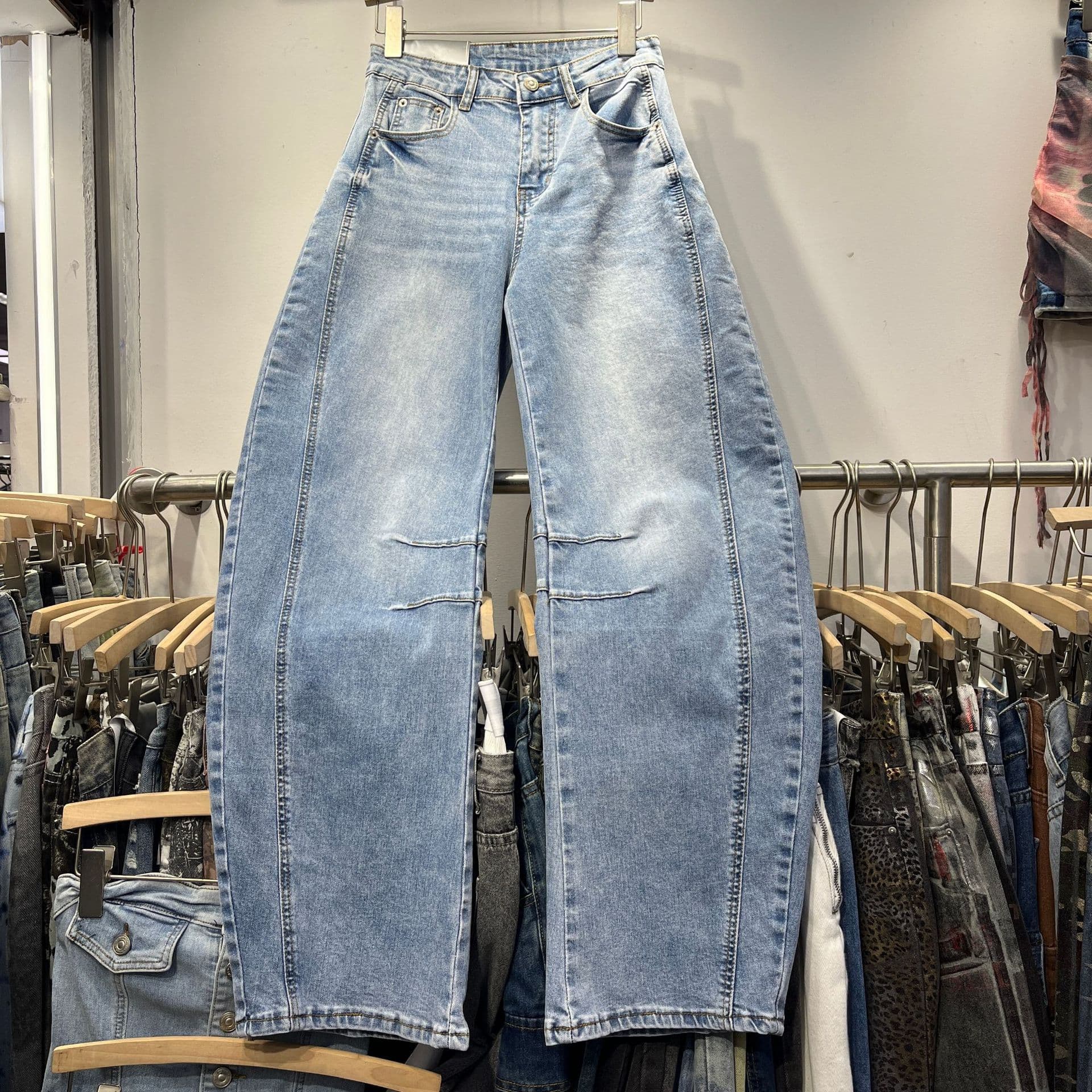 Women's Clothing Versatile Cutting Line Design Scimitar Jeans Spring New High Waist Wide Leg Casual Pants