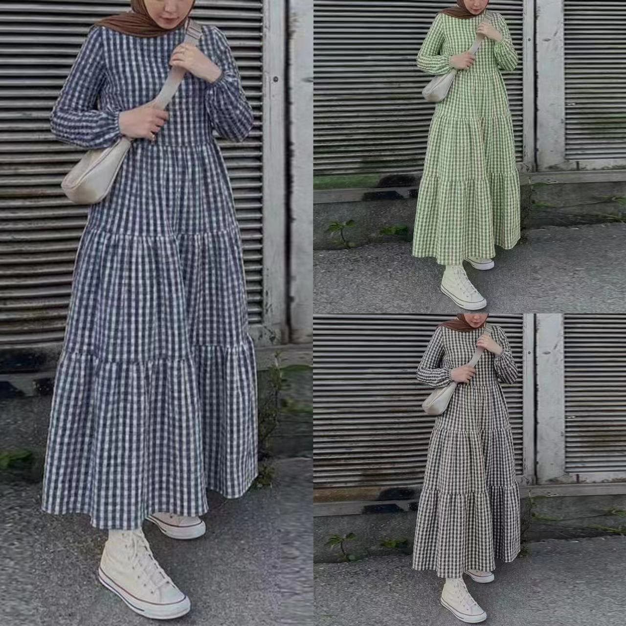 Women's Long Sleeves Elastic Sleeves Round Neck Loose Waist Casual Dress