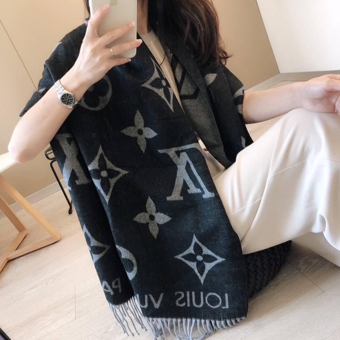 Écharpe à franges jacquard double face LV, 180 x 65 cm, 330 g+, chaude et élégante, pour tous les âges, résistante et d'un excellent rapport qu