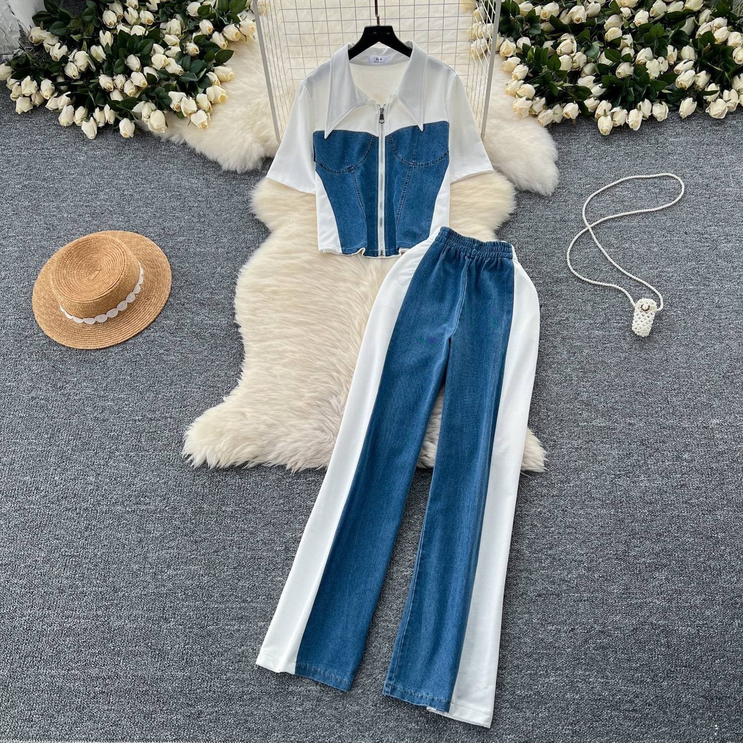 Women's Clothing Casual Simple Denim Patchwork Suit Women's Summer Polo Collar Zipper Top + High Waist Wide Leg Drape Trousers