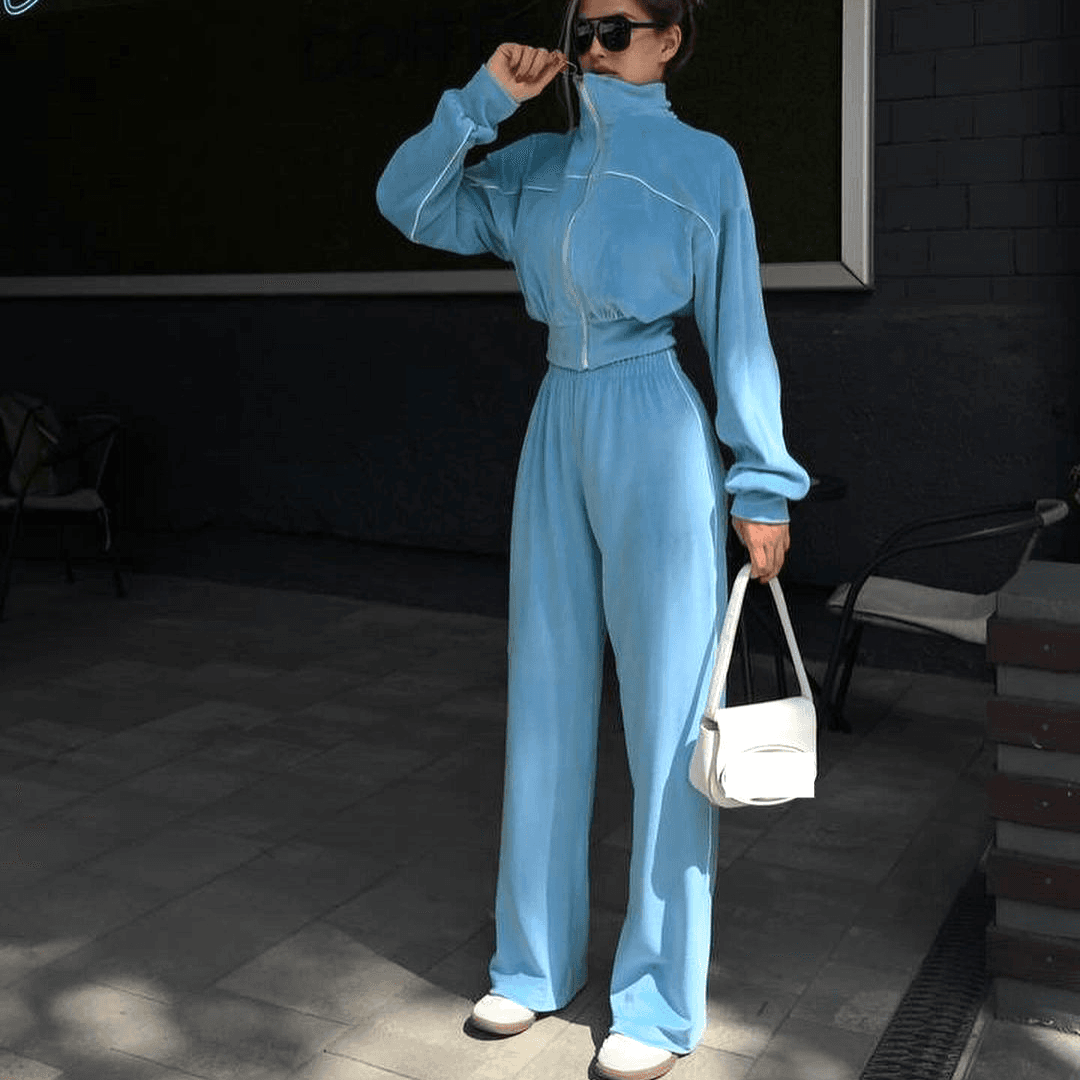 Women's Velvet Tracksuit Set With Stand Collar & Zip-Up Jacket - Stylish Lounge & Casual Outfit For Fall/Winter