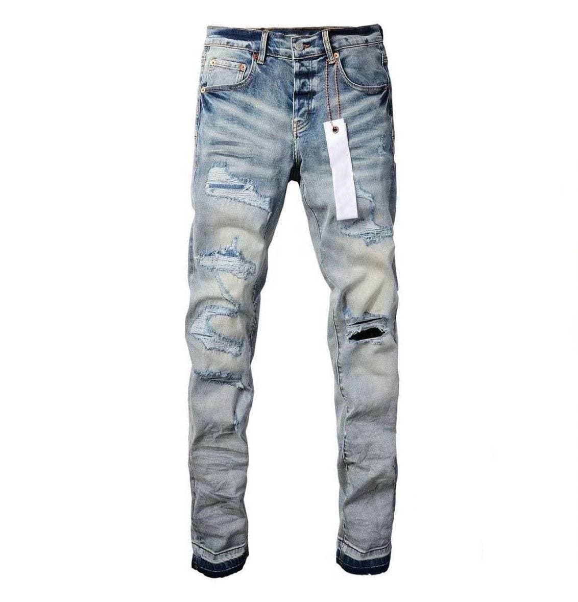 Jean violet déchiré style streetwear rétro en soie, de haute qualité et respirant, coupe ajustée, style streetwear.