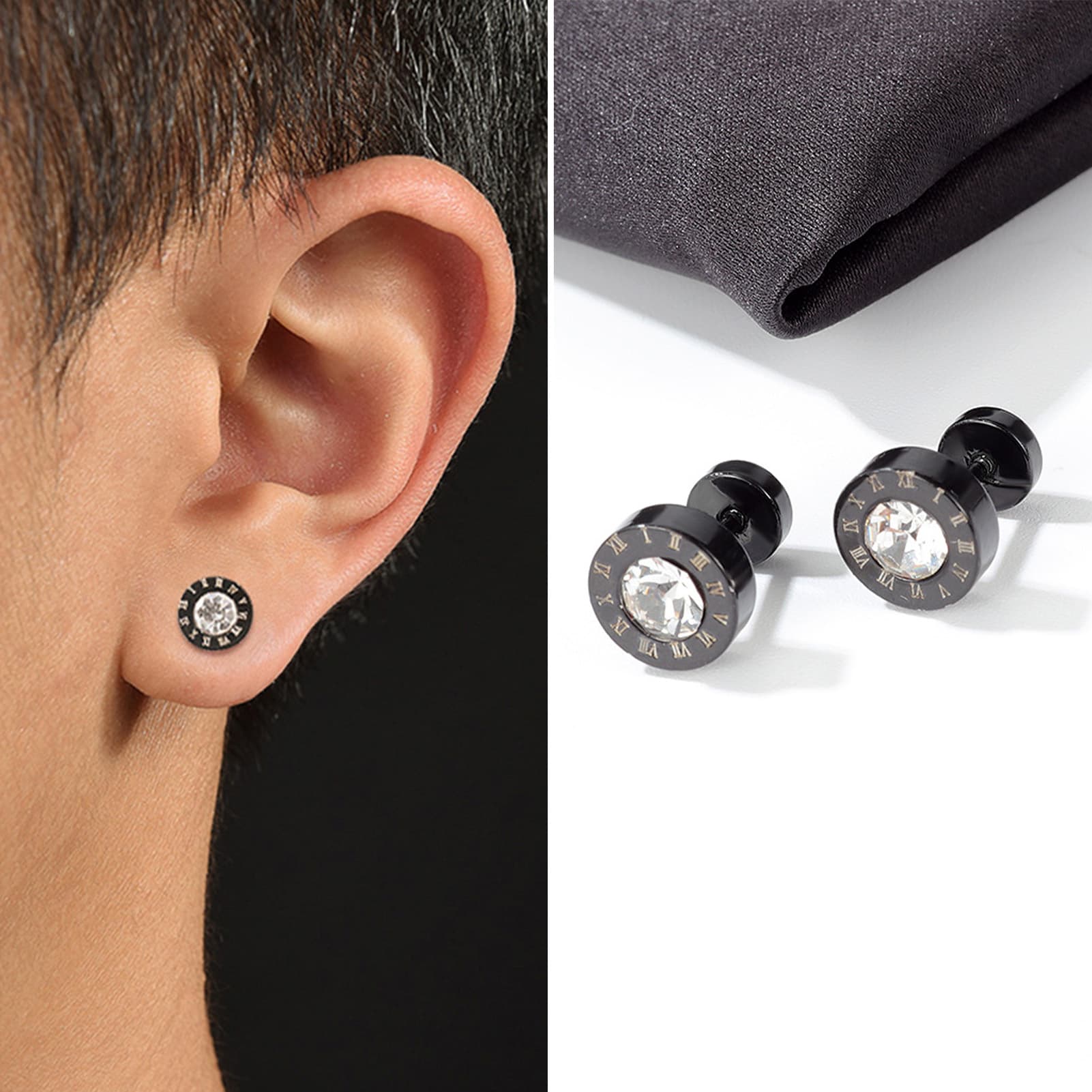 Yamaler 1 Pair Ear Studs Roman Numerals Round Hip Hop Punk Gift Mini Bling Rhinestone Men Earrings Fashion Jewelry