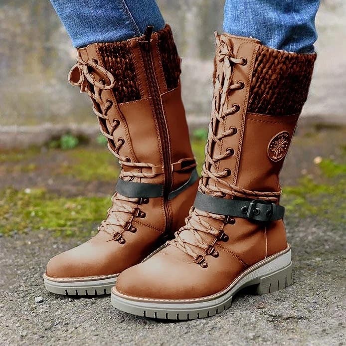 Women's Shoes winter new round head square heel leather buckle wool stitching Martin boots