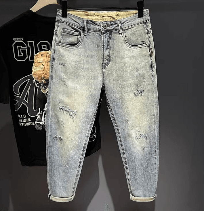 Men's Clothing 2024 Spring And Summer Thin Elastic Skinny Nine Point Jeans Gradient Yellow Mud Tapered Pants Men's Trendy Harem Pants