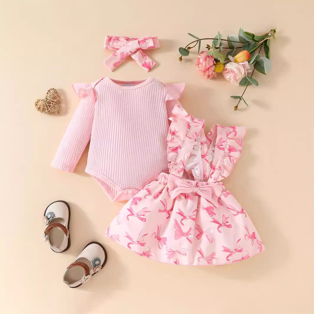 "3-Piece Baby Girl Dress Set With Ruffled Sleeves, Bow Details & Overalls – Soft Cotton Knit, Cute Animal & Floral Prints (80-100cm, 1-3 Years)"