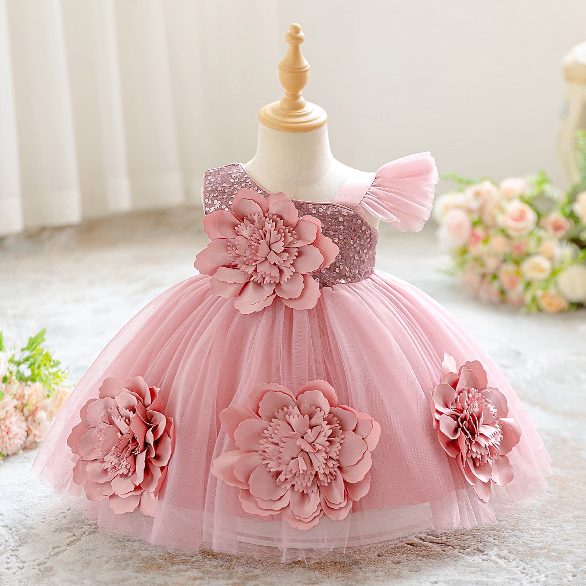 Girl's Princess Party Dress – Sparkling Tulle Ball Gown With 3D Flowers For Birthday & Special Occasions (Sizes 6M-3Y, Blush Pink)