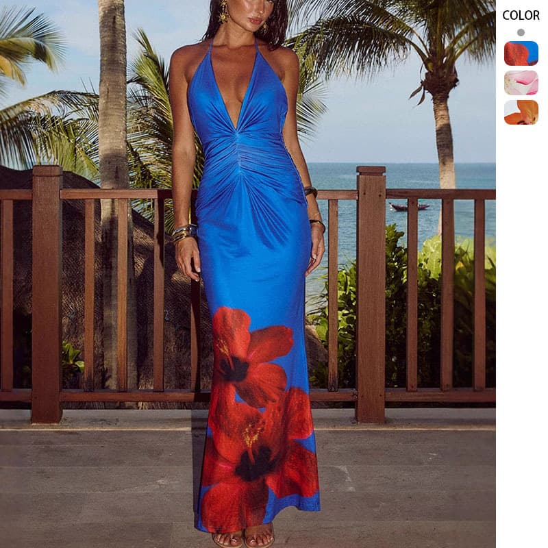 Women's Clothing Summer Printed Wrapped Chest Sleeveless Backless Pleated Slim Hip Skirt Female