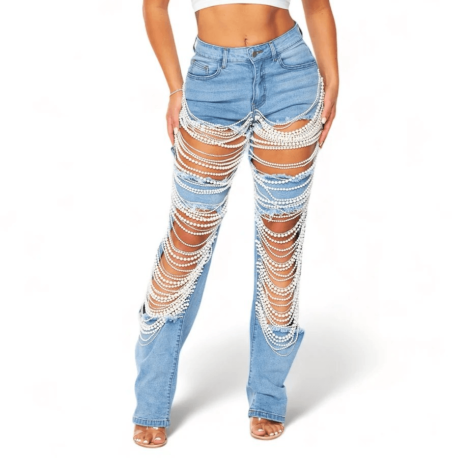 Women's Clothing Large Hole Jeans Women's Chain Bead Necklace Pendant Straight Pants