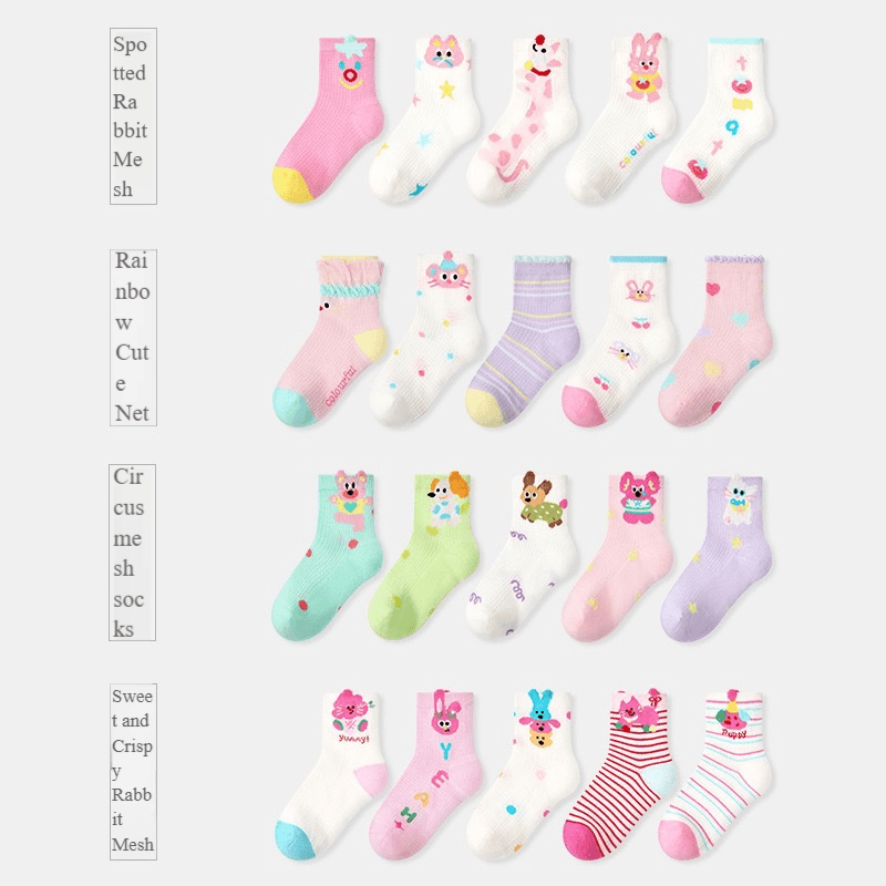 ​​Cute Animal Mesh Socks For Girls - Breathable Short Ankle Socks With Rainbow & Bunny Patterns (5 Pairs) - Toddler To Kids (Sizes S-Xl)​​
