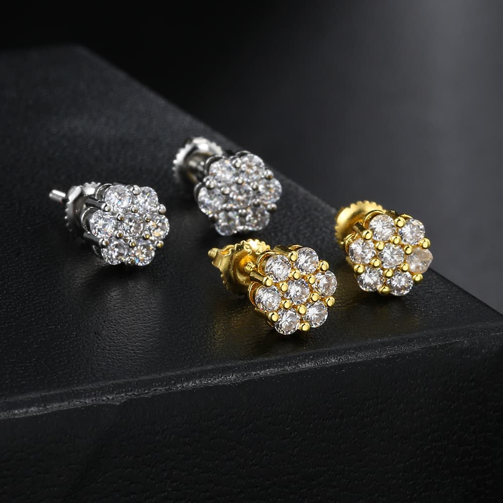 Men’s Jewelry Set Fashion New 7mm Flower Thread Earrings For Women Micro Inlaid Zircon Gold Plated Earrings E Popular Hip Hop Earrings