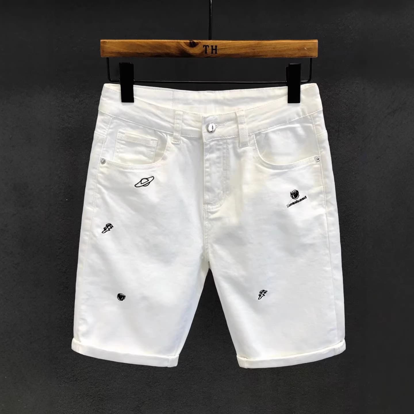 Men's Slim Fit Embroidered White Denim Casual Pants Tapered Leg Midweight Polyester Trendy Streetwear Jeans